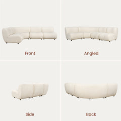 Four views show a curved cream modular sectional with a low back and rounded upholstered sections