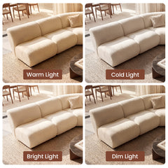 Four panels show the same cream sofa under different lighting, Rounded seat sections and textured upholstery remain visible
