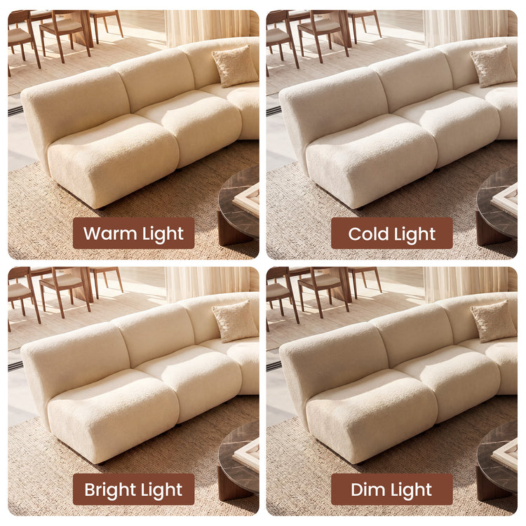 Four panels show the same cream sofa under different lighting, Rounded seat sections and textured upholstery remain visible