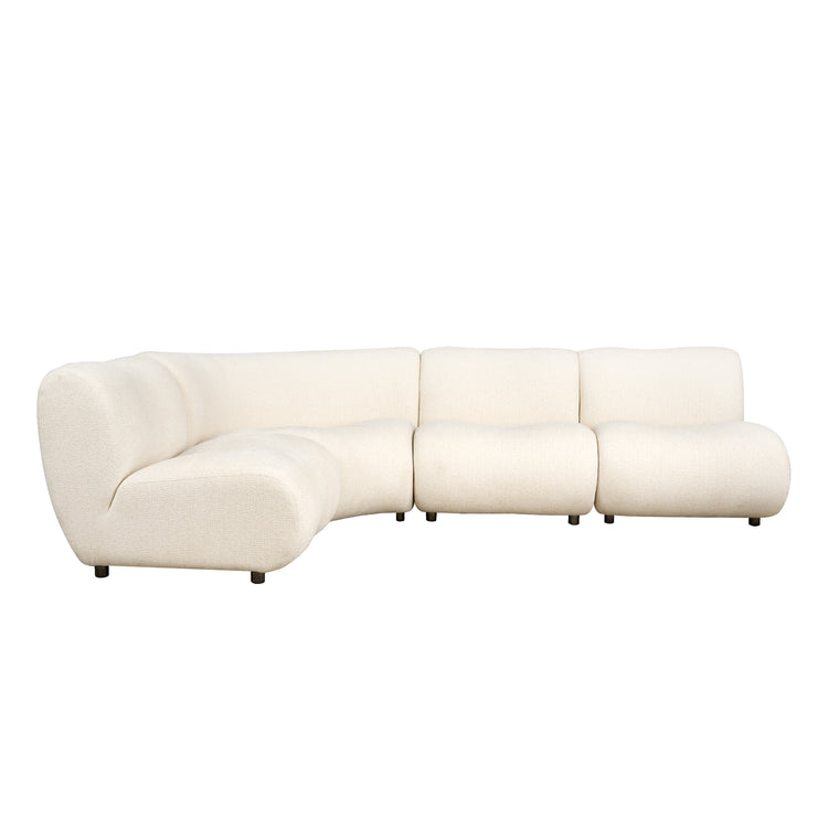 Cream sectional has a curved left chaise, three back cushions, rounded seats, and short dark legs