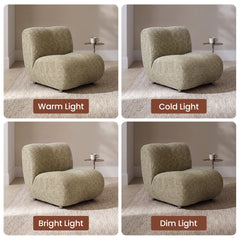 Rounded olive chair shown under warm, cold, bright, and dim light