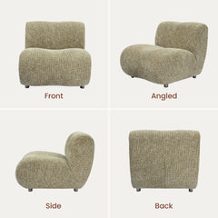 Four panels show an armless lounge chair with a broad rounded seat, curved back, and short legs