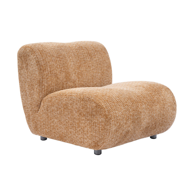 Tan armless lounge chair has a rounded back and broad curved seat