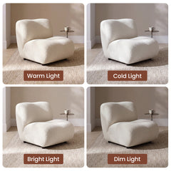 Ivory chenille armless lounge chair shown under warm, cold, bright, and dim lighting