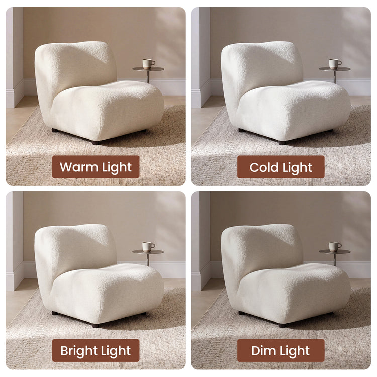 Ivory chenille armless lounge chair shown under warm, cold, bright, and dim lighting