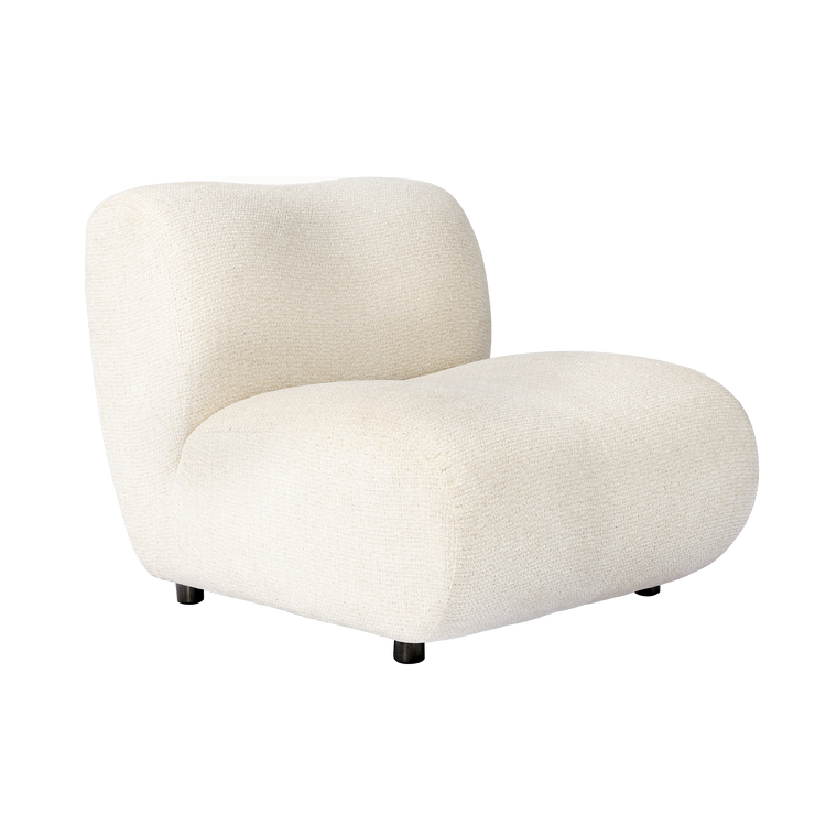 A rounded white boucle accent chair with a curved back and concealed short feet appears on white