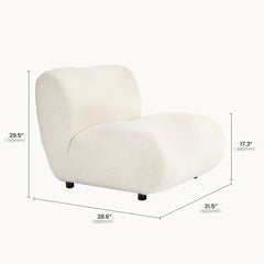 A measurement graphic shows a low white rounded lounge chair with a broad seat and short black feet