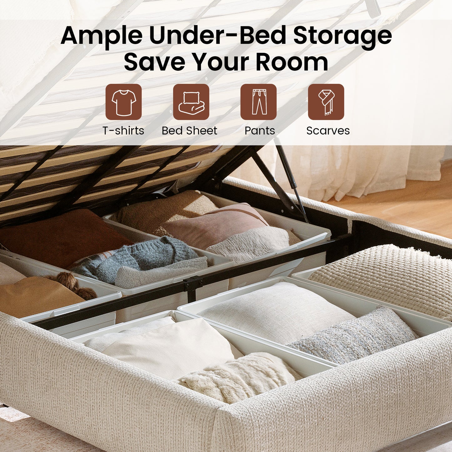 Elara Queen Lift-Up Storage Bed Frame with Adjustable Headboard, Beige