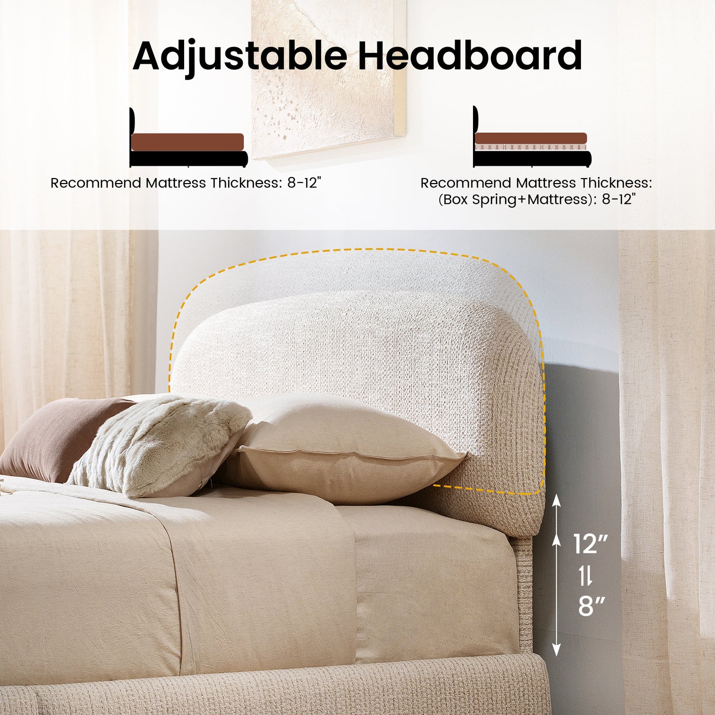 Elara Queen Lift-Up Storage Bed Frame with Adjustable Headboard, Beige