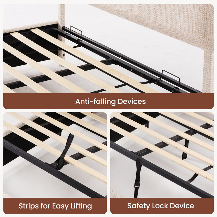 The image shows a slatted support assembly with side rails, two guard loops, two fabric straps, and a buckle