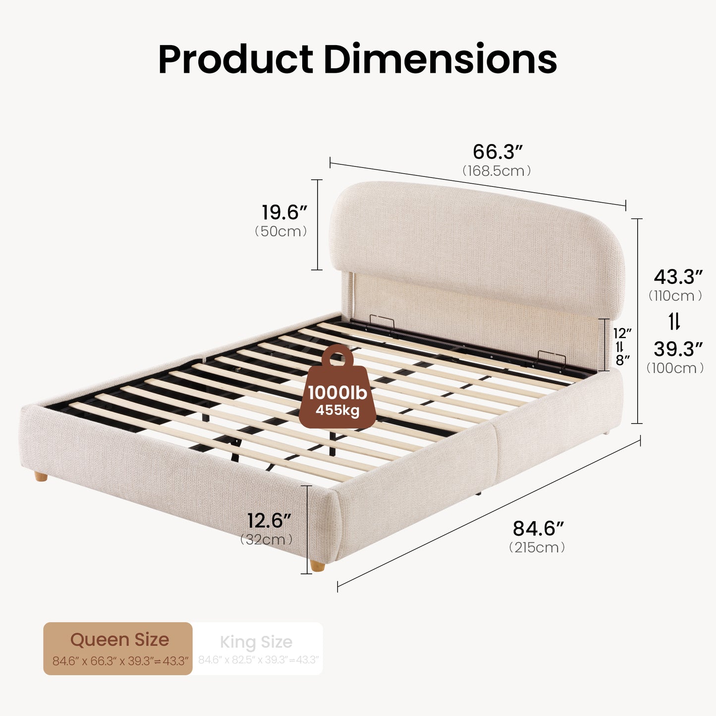 Elara Queen Lift-Up Storage Bed Frame with Adjustable Headboard, Beige