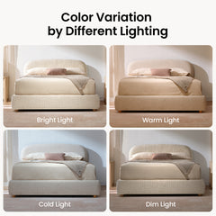 Four panels show the same upholstered bed under different lighting