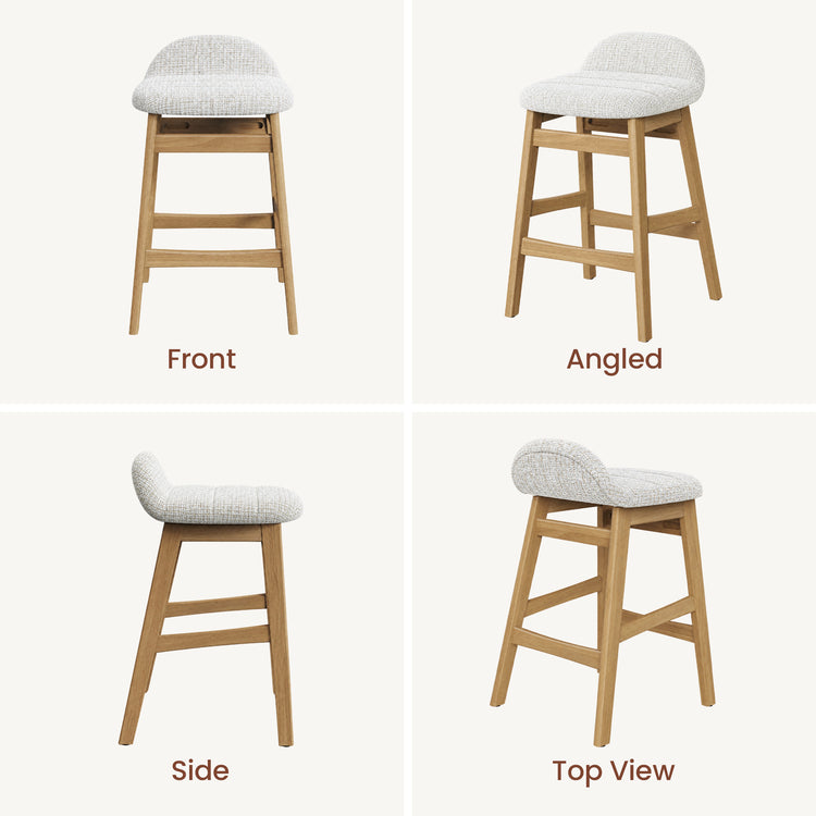 Four views of a stool with a cream textured seat, low curved backrest, light brown splayed legs and horizontal footrests, labeled Front, Angled, Side and Top View.