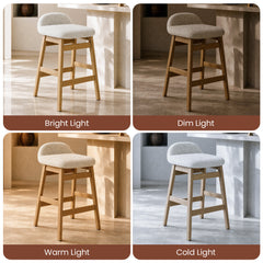 Four side-by-side views compare a light-colored upholstered stool with a curved low back, brown legs and footrests under bright, dim, warm and cold lighting.
