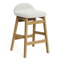 Tall stool with a textured cream seat, low curved backrest, and four splayed, light brown wood-grain legs joined by horizontal rails.