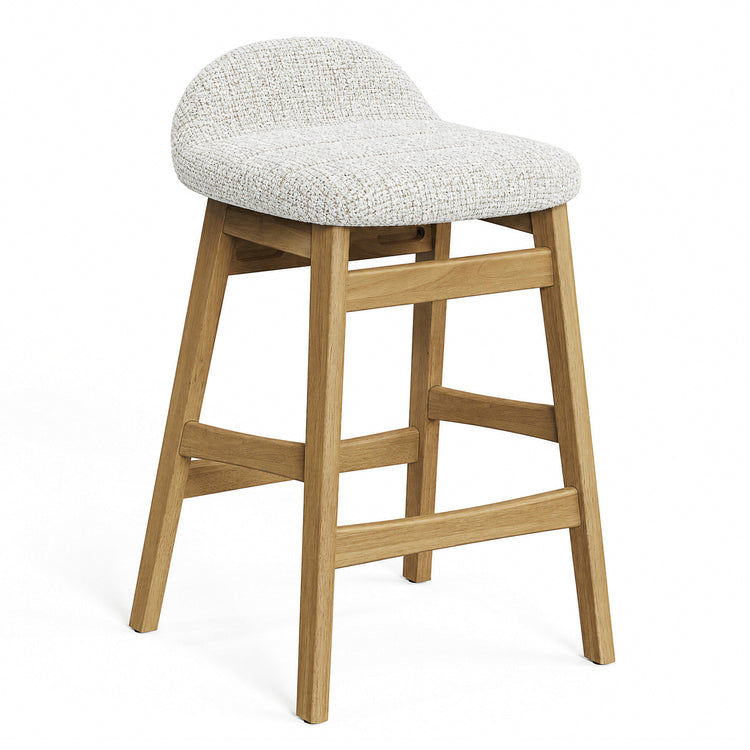 Tall stool with a textured cream seat, low curved backrest, and four splayed, light brown wood-grain legs joined by horizontal rails.