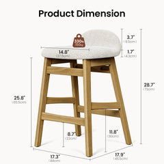 Dimension diagram of a stool with a cream textured seat, low curved back, four tan legs and crossbars, with labeled heights, seat width, base dimensions and a weight symbol.