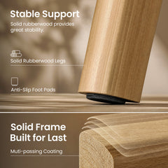 Two-panel detail graphic showing a wood-grain furniture leg with a black foot pad and a diagram of translucent layers lifting above a rounded frame corner.