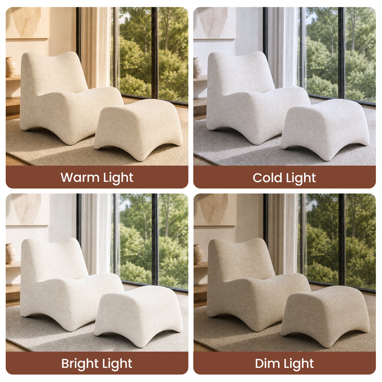 Four panels show the same lounge chair and footstool under different lighting