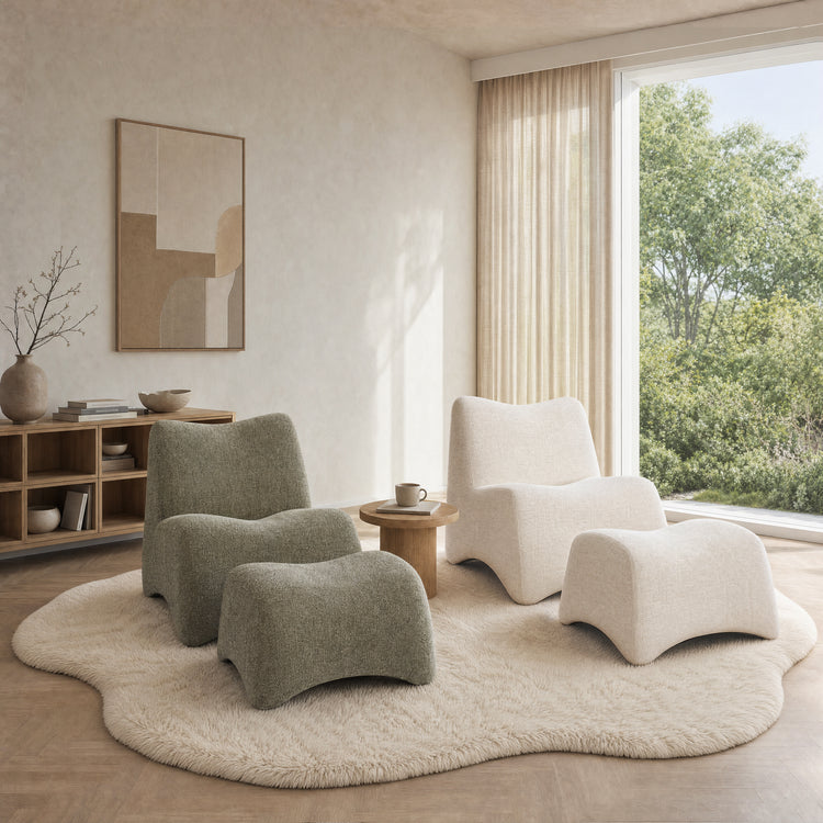 Curved Lounge Chair with Ottoman Set - Ivory Boucle Accent Chair, 30.5" Wide Sofa