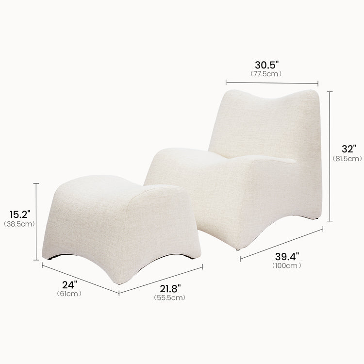 Curved Lounge Chair with Ottoman Set - Ivory Boucle Accent Chair, 30.5" Wide Sofa