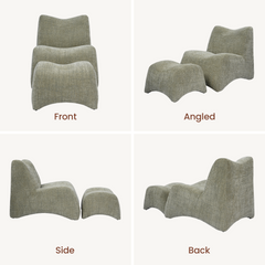 Gray-green upholstered lounge chair with sculpted contours and matching ottoman, Front, angled, side, and back views