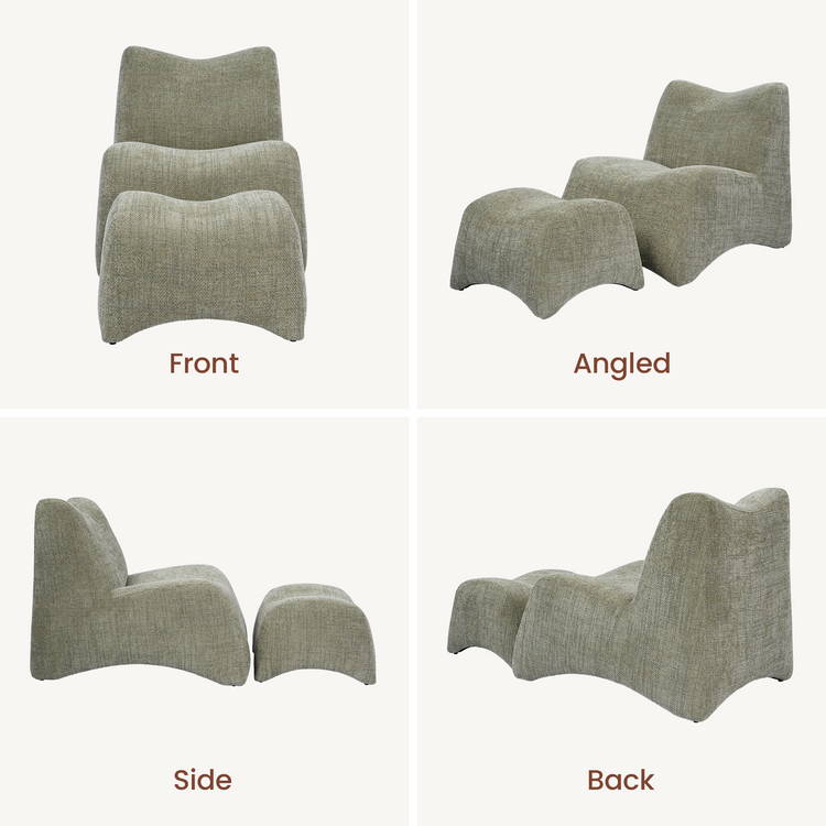 Gray-green upholstered lounge chair with sculpted contours and matching ottoman, Front, angled, side, and back views