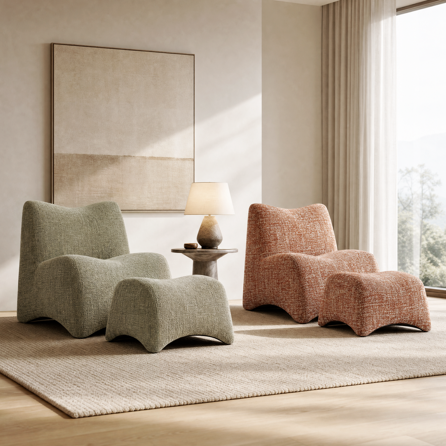 Curved Lounge Chair with Ottoman Set - Sage Green Textured Fabric Accent Chair, 30.5" Wide