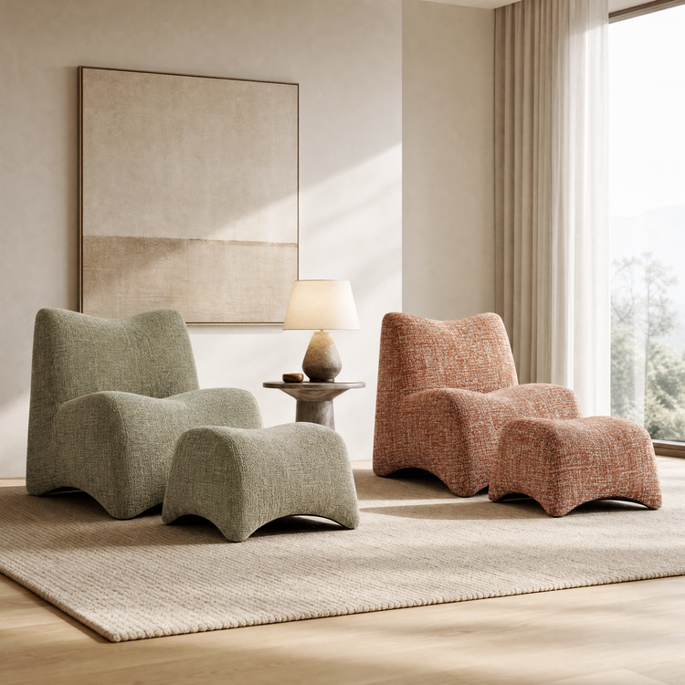 Curved Lounge Chair with Ottoman Set - Sage Green Textured Fabric Accent Chair, 30.5" Wide Sofa
