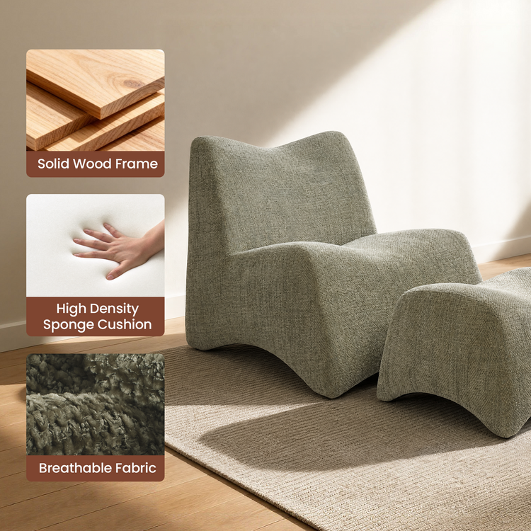 Curved Lounge Chair with Ottoman Set - Sage Green Textured Fabric Accent Chair, 30.5" Wide Sofa