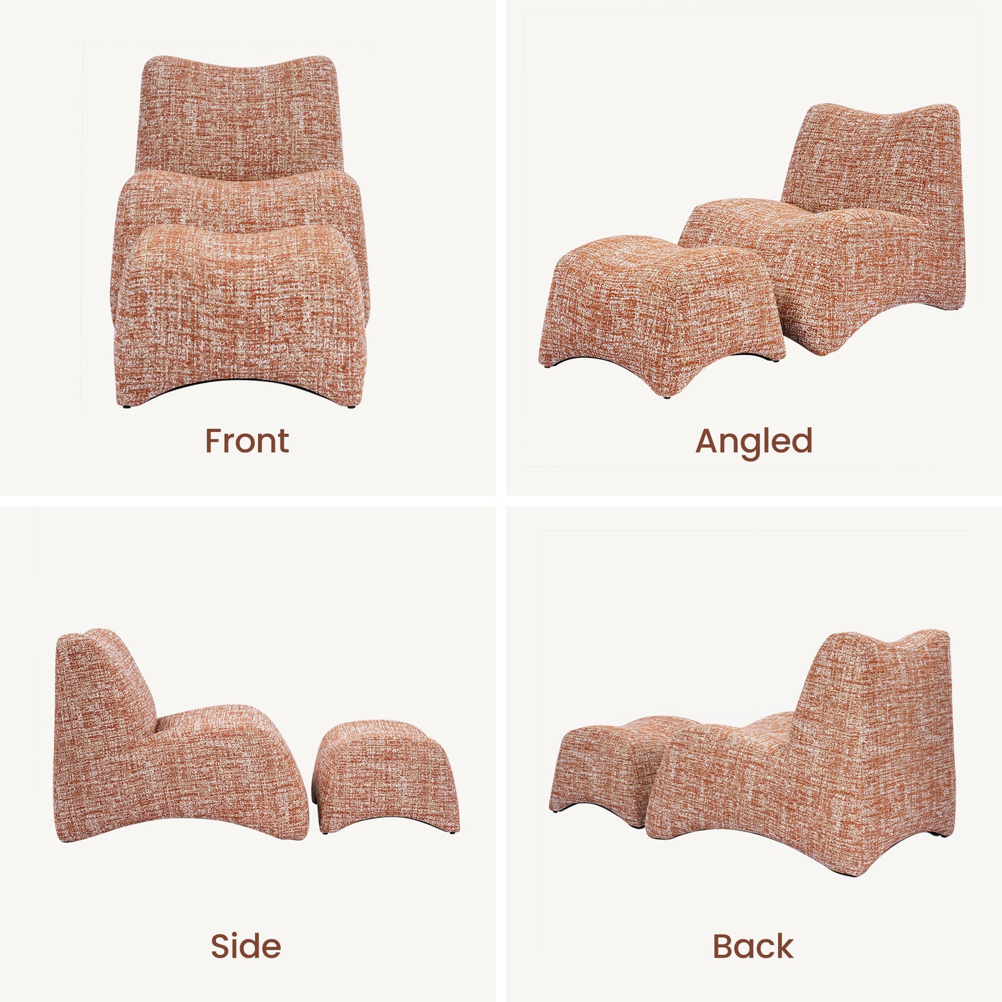 Curved Lounge Chair with Ottoman Set - Terracotta Chenille Accent Chair, 30.5" Wide