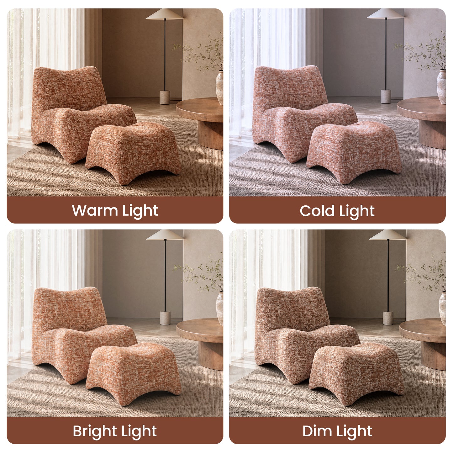 Curved Lounge Chair with Ottoman Set - Terracotta Chenille Accent Chair, 30.5" Wide