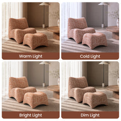 Four panels show a rust-patterned chair and ottoman under varied lighting, Labels identify warm, cold, bright, and dim light