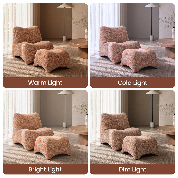 Four panels show a rust-patterned chair and ottoman under varied lighting, Labels identify warm, cold, bright, and dim light