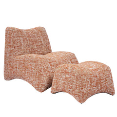 Orange-and-white textured lounge chair appears with a matching curved ottoman, Both pieces have flowing wave-like silhouettes