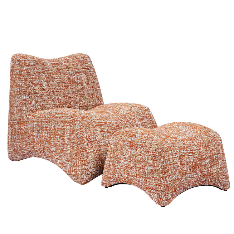 Orange-and-white textured lounge chair appears with a matching curved ottoman, Both pieces have flowing wave-like silhouettes