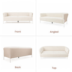 Four labeled views show a cream sofa with a curved back, rounded arms, two seat sections, beige outer panels and slender silver-colored legs.
