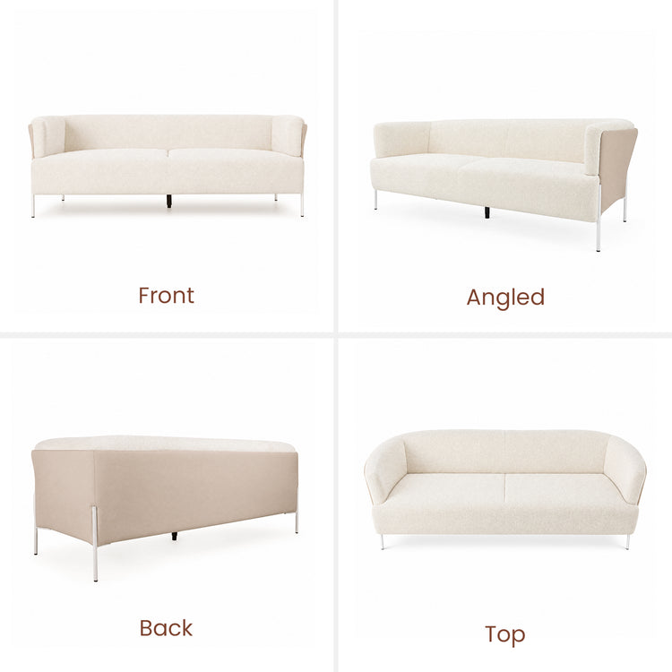 Four labeled views show a cream sofa with a curved back, rounded arms, two seat sections, beige outer panels and slender silver-colored legs.
