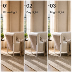 Three side-by-side views of a cream armchair with a draped throw beside a curtained window, labeled Warm Light, Day Light, and Bright Light, show variations in lighting.