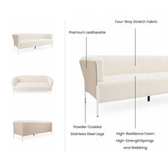 Diagram of a cream sofa with beige outer panels and slender white legs, showing front, angled and rear views alongside a close-up with callout lines to the upholstery, side panel, seat and legs.