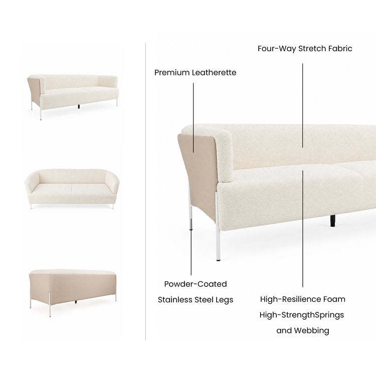 Diagram of a cream sofa with beige outer panels and slender white legs, showing front, angled and rear views alongside a close-up with callout lines to the upholstery, side panel, seat and legs.