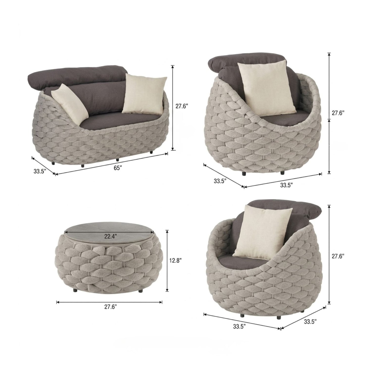 4-Piece Eggshell Woven Rope Patio Furniture Set with 1 Loveseat & Coffee Table, 2 Lounge Chairs