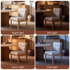 Four-panel comparison shows a light upholstered chair with a brown frame beside a round table, labeled Bright Light, Dim Light, Warm Light and Cold Light.