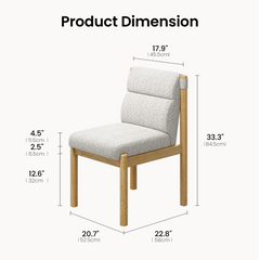 Dimension diagram of an armless chair with a light brown frame, textured pale upholstery, a padded seat and a two-section backrest, with measurement lines around it.
