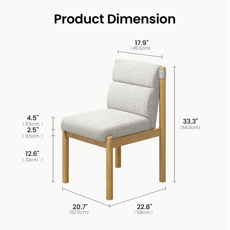 Dimension diagram of an armless chair with a light brown frame, textured pale upholstery, a padded seat and a two-section backrest, with measurement lines around it.
