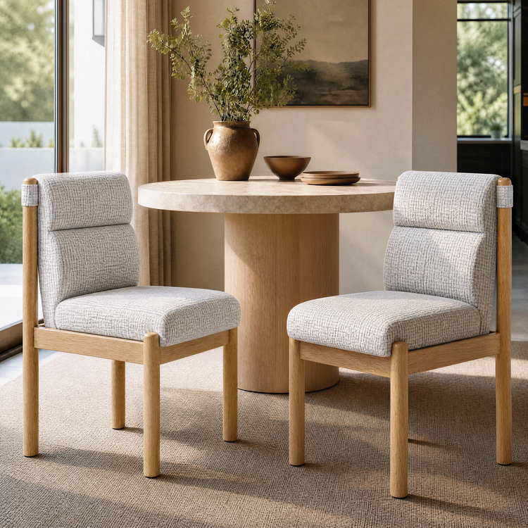 Two light-framed chairs with textured pale upholstery stand beside a round pedestal table holding a handled vase of leafy branches, a bowl and stacked plates.