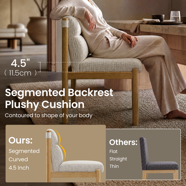 Chair comparison diagram showing a person seated on a cream chair with a segmented curved backrest and thick seat cushion, alongside a gray chair with a straight backrest and thinner cushion.