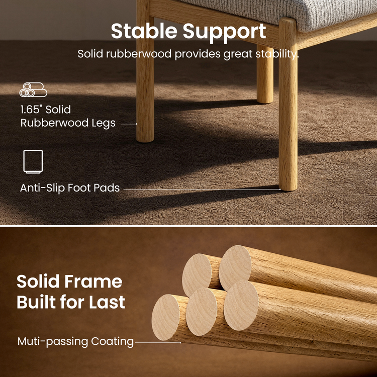Two-panel diagram showing the rounded legs and frame beneath a gray upholstered seat, with callouts to the legs and feet, and a lower illustration of five stacked wood-grain rods.