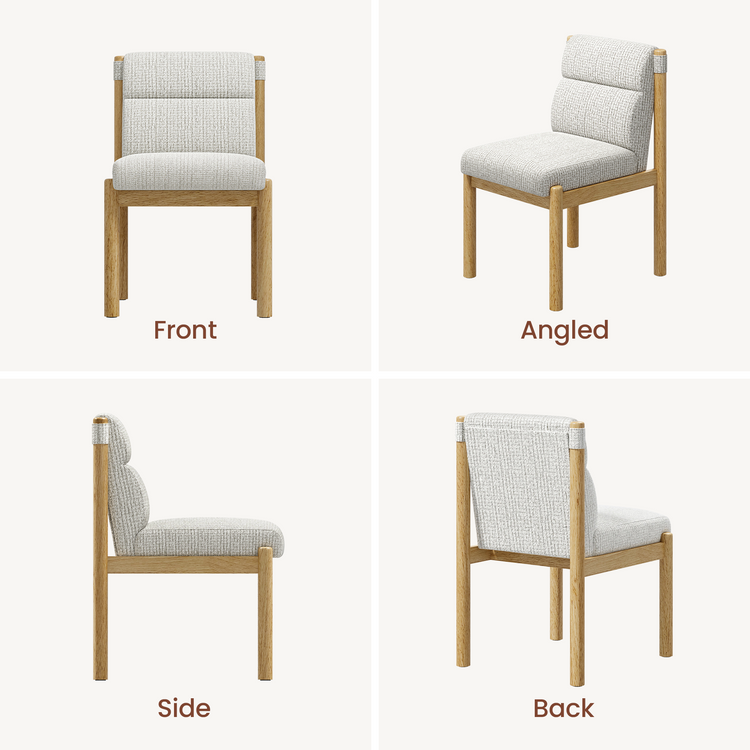 Four views of an upholstered chair with a light textured seat and backrest on a wooden frame, labeled Front, Angled, Side, and Back.