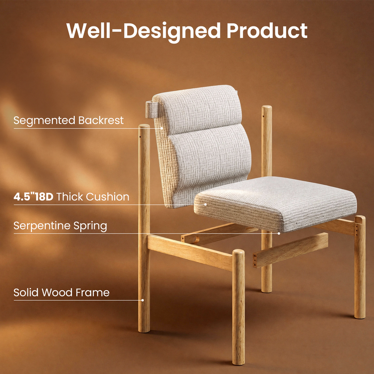 Exploded chair diagram showing a cream segmented backrest and thick seat cushion separated from a light brown frame, with callout lines identifying components.